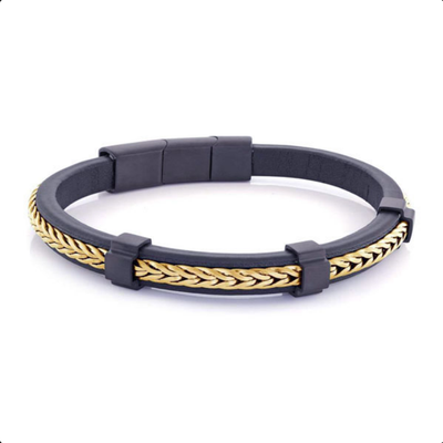 Italgem SLB541 Men's Gold IP-S.Steel Franco Link Blue Leather Bracelet