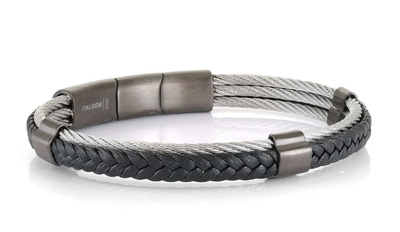 Italgem SMBG107 Men's S.Steel Cable Gun-IP 2 Way Clasp Black Leather Bracelet