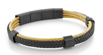 Italgem SMBG126 Men's Black IP-S.Steel 2 Way Clasp Gold Cable Black Leather 7.5+0.5+0.5" Bracelet