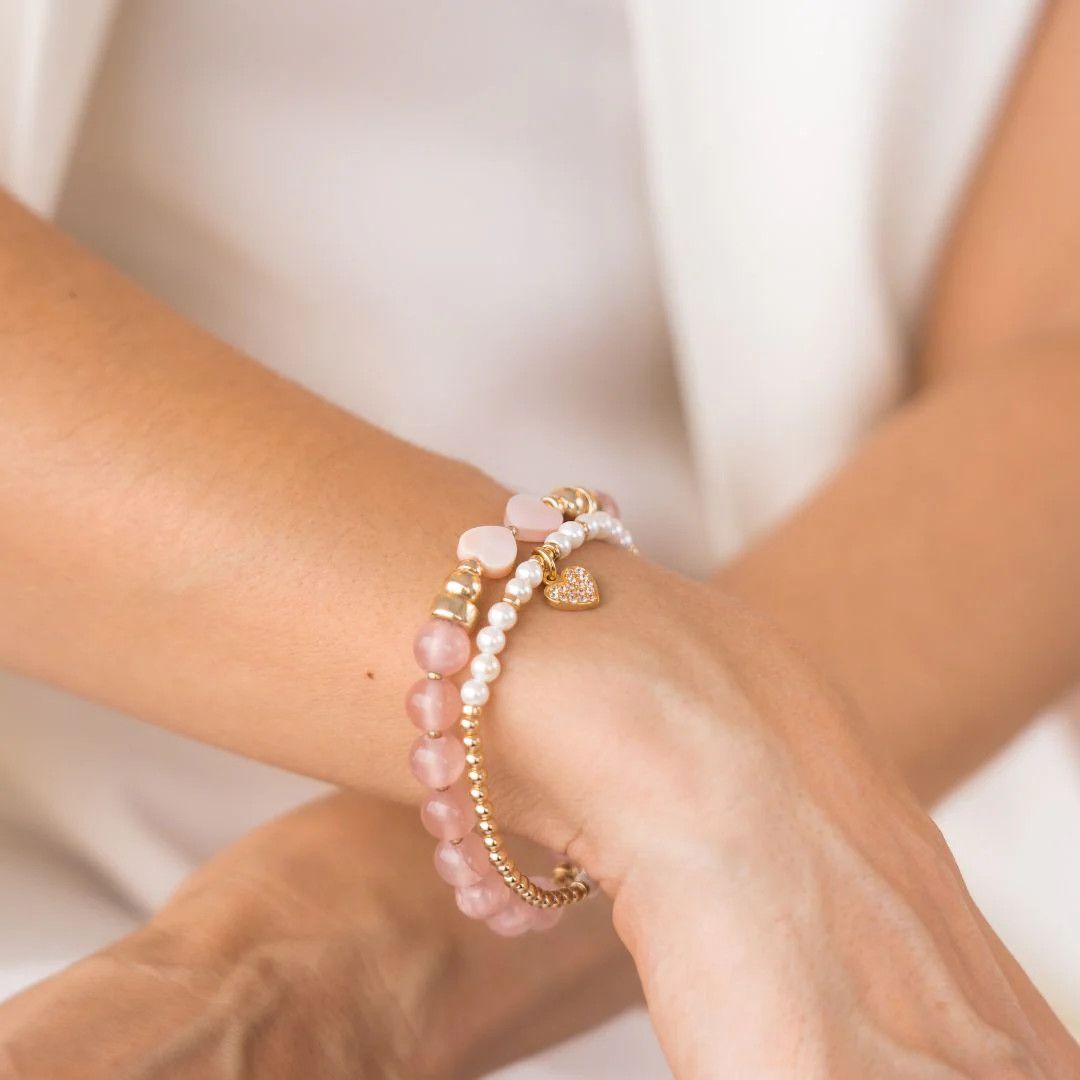 Beblue BBSURSHINY-M Gold Be Shiny Bead, MOP & White CZ Heart Charm Bracelet - Muse