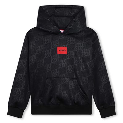 HUGO G00166 Boy's Long Sleeve Check Monogram Hoodie – Black