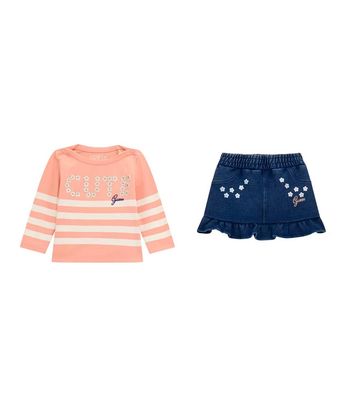 Guess A4YG17K6YW4 Baby Girl’s Long Sleeve T-Shirt & Denim Skirt Set 2PC – Beloved Pink