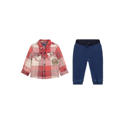 Guess I4YG12WGA80 Baby Boy’s Long Sleeve Plaid Shirt & Knit Denim Jogger Set 2PC – Check Blue- Red