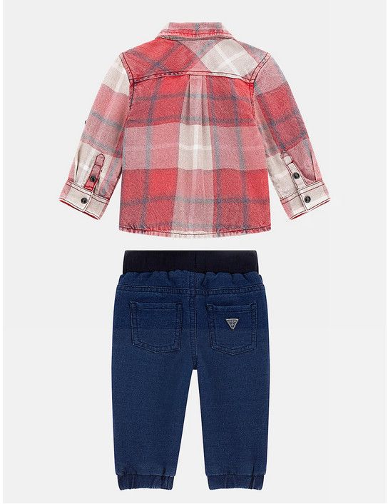 Guess I4YG12WGA80 Baby Boy’s Long Sleeve Plaid Shirt & Knit Denim Jogger Set 2PC – Check Blue- Red
