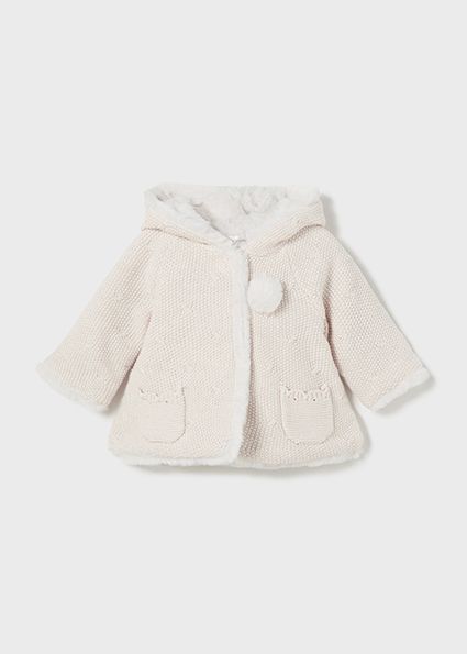 Mayoral 2304 Baby Girl's LS Hooded Knit Pompom Cardigan/ MILK VIG