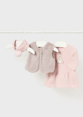 Mayoral 2807 Baby Girl's Long Sleeve Dress, Vegan Fur Vest & Headband Set 3PC – Rubor