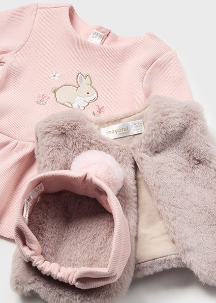 Mayoral 2807 Baby Girl's Long Sleeve Dress, Vegan Fur Vest & Headband Set 3PC – Rubor