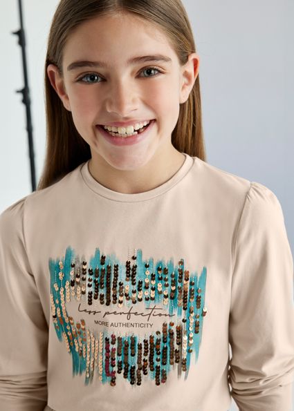 Mayoral 7003 Girl's LS "Less Perfection" T-Shirt/ PIEDRA