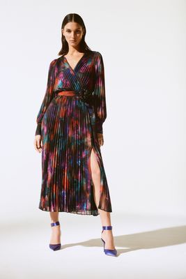 Joseph Ribkoff 243770X Women's Long Sleeve Pleated Wrap Midi Dress – Black- Multi