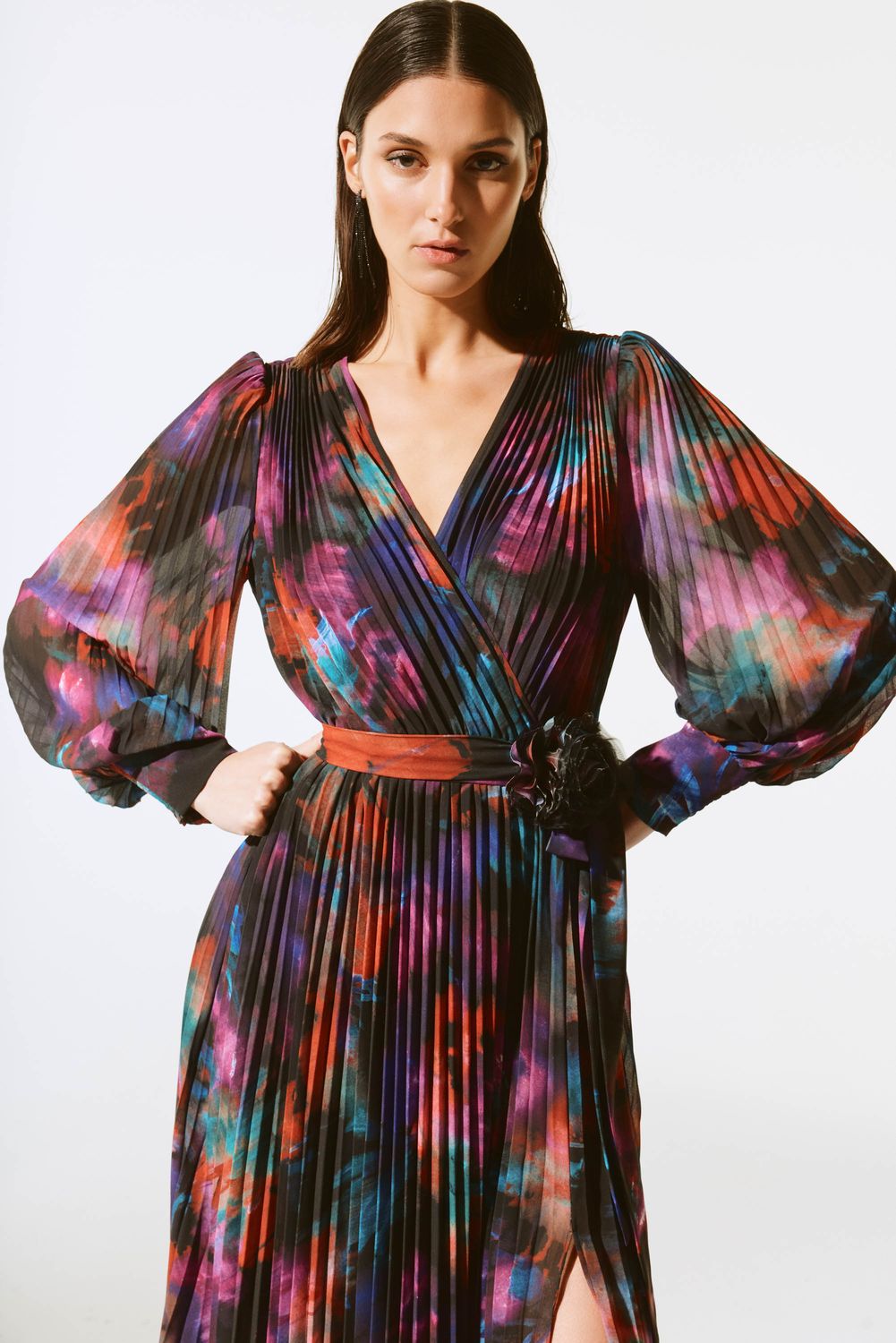 Joseph Ribkoff 243770X Women's Long Sleeve Pleated Wrap Midi Dress – Black- Multi