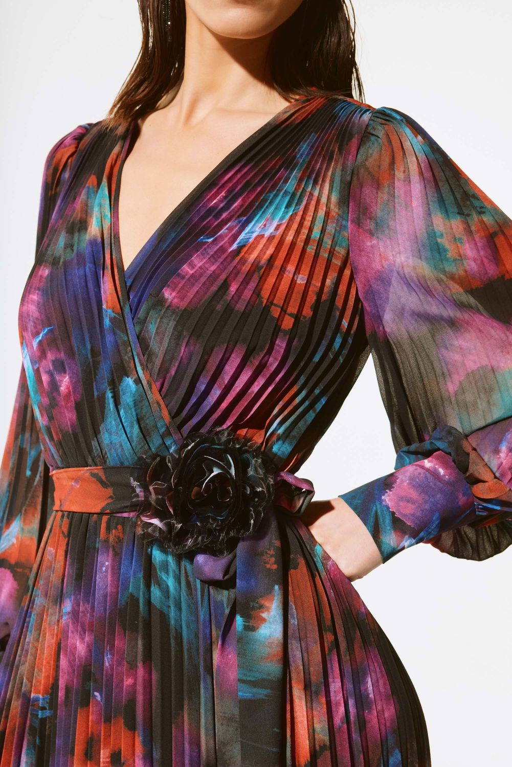 Joseph Ribkoff 243770X Women's Long Sleeve Pleated Wrap Midi Dress – Black- Multi