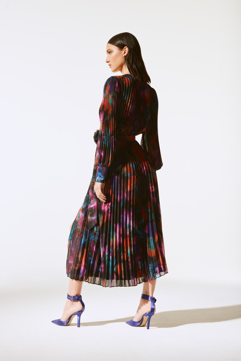 Joseph Ribkoff 243770X Women's Long Sleeve Pleated Wrap Midi Dress – Black- Multi