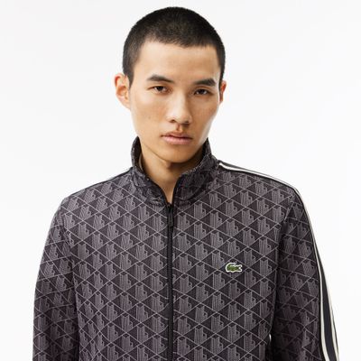 Lacoste SH1368 52 031 Men's LS Regular Fit Zip-Up Sweater/ BLACK- GREY- MONOGRAM