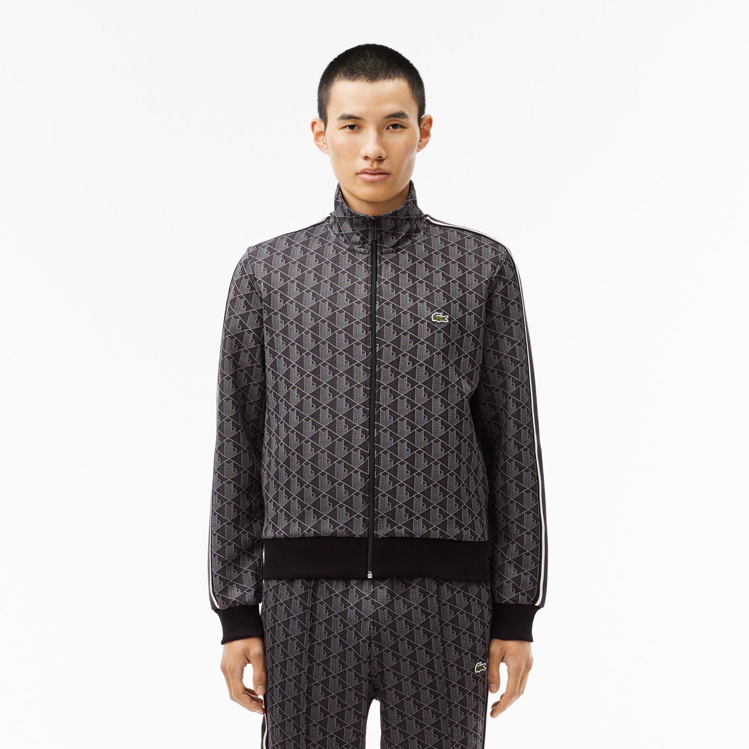 Lacoste SH1368 52 031 Men's Long Sleeve Regular Fit Zip-Up Sweater – Black- Grey- Monogram