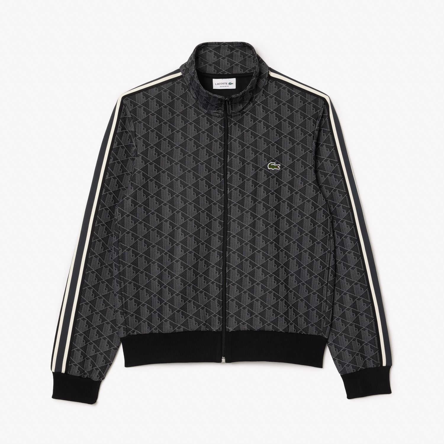 Lacoste SH1368 52 031 Men's Long Sleeve Regular Fit Zip-Up Sweater – Black- Grey- Monogram
