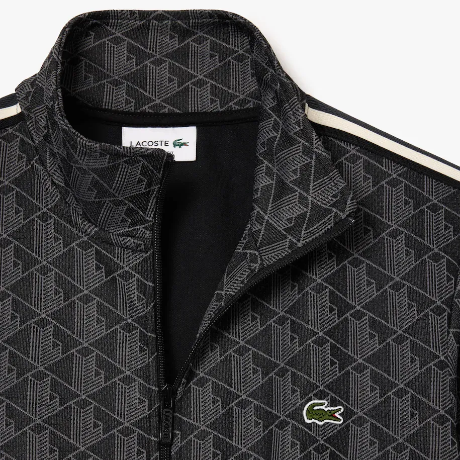 Lacoste SH1368 52 031 Men's Long Sleeve Regular Fit Zip-Up Sweater – Black- Grey- Monogram