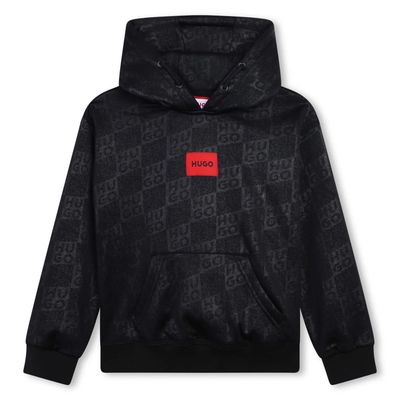 HUGO G00166 Boy's LS Check Monogram Hoodie/ BLACK