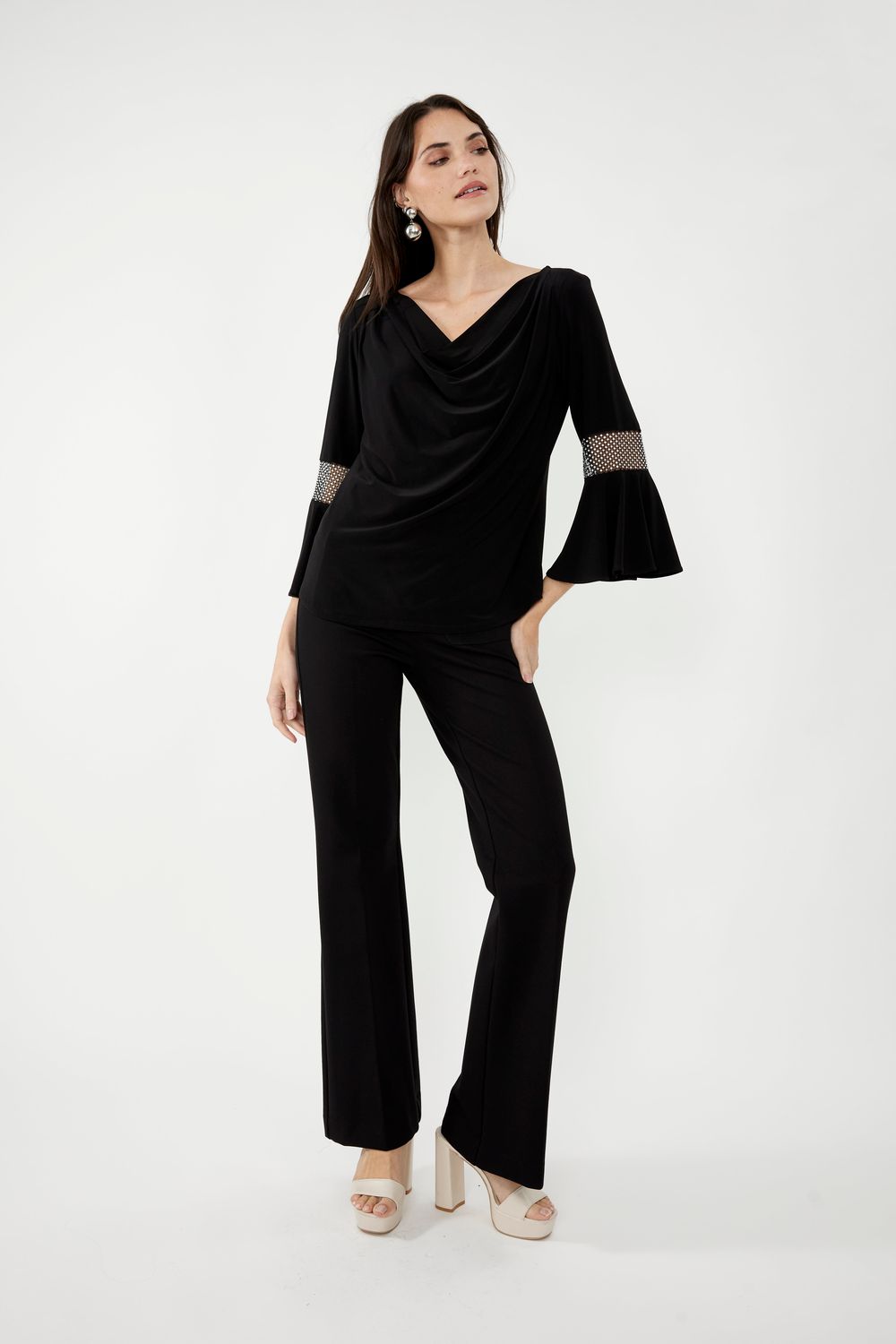 Frank Lyman 249025 Women's 3/4 Flare Rhinestone Sleeve Cowl Neck Top – Black