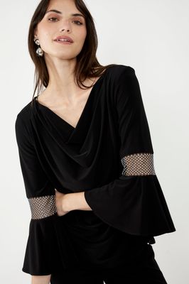Frank Lyman 249025 Women's 3/4 Flare Rhinestone Sleeve Cowl Neck Top – Black