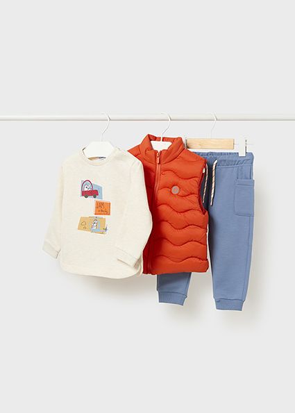 Mayoral 2640 Baby Boy's Long Sleeve Pullover, Puffer Vest & Joggers Set 3PC – Naranja
