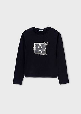 Mayoral 7004 Girl's LS "Happy" T-Shirt/ NEGRO