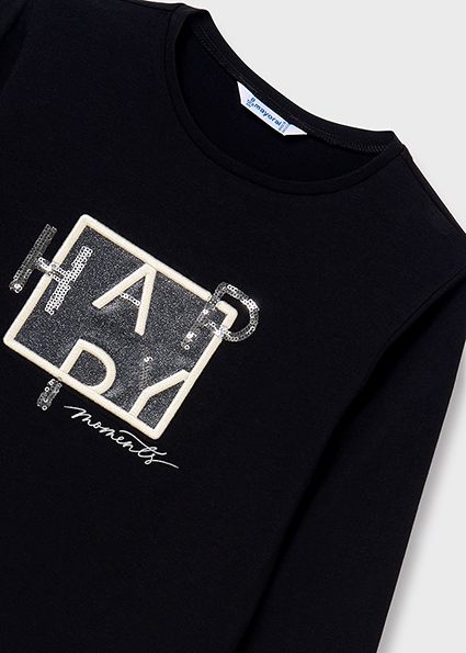 Mayoral 7004 Girl's Long Sleeve "Happy" T-Shirt – Negro