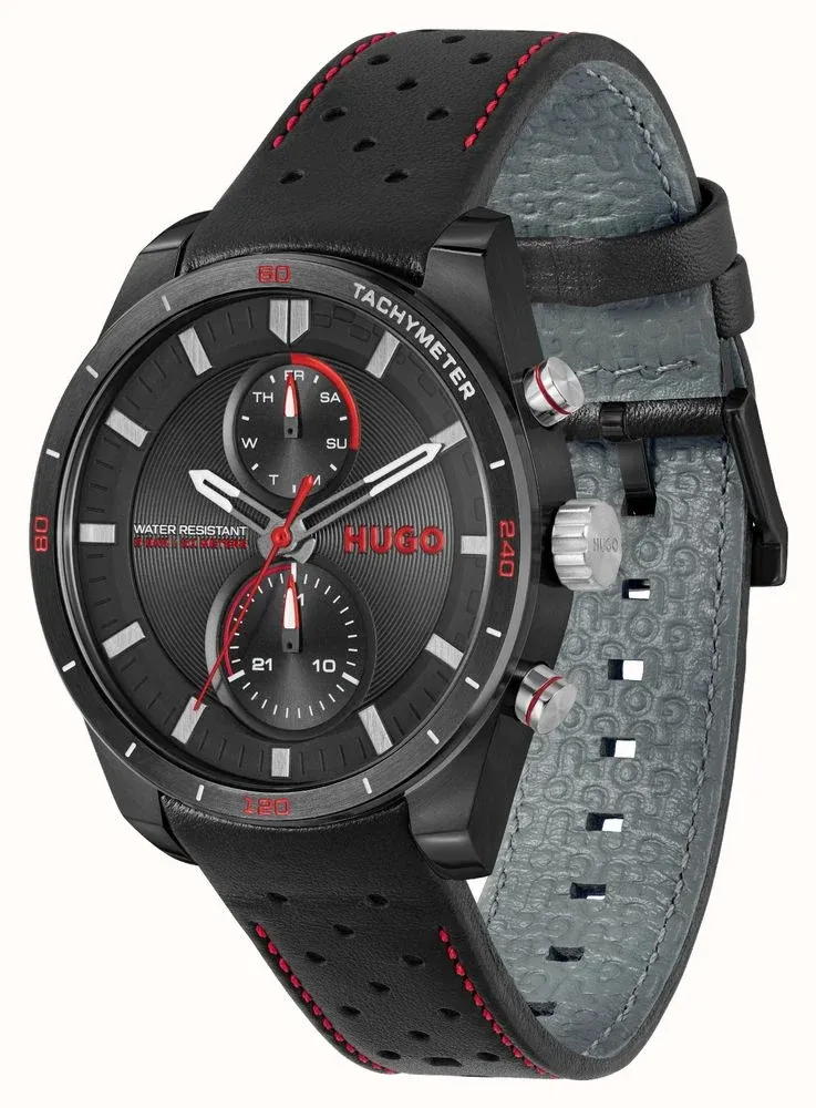 HUGO 1530370 Men's #Fast For Him Quartz Black Leather Band Watch
