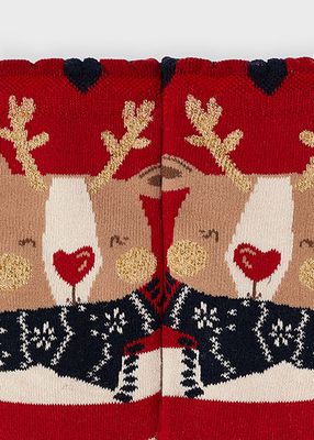 Mayoral 10809 Girl's Stripe Reindeer Non-Slip Socks 1PR/ GUINDA
