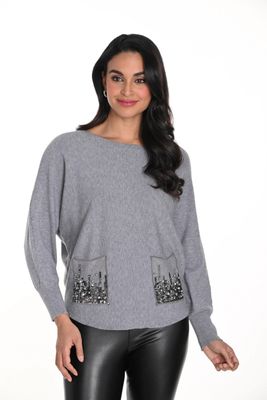 Frank Lyman 243456U Women's Long Sleeve Knit Pearl Detail Pkt Top – Grey