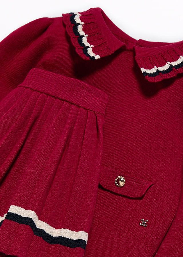 Abel & Lula 5548 Girl's Long Sleeve Knit Sweater & Pleated Skirt Set 2PC – Rojo