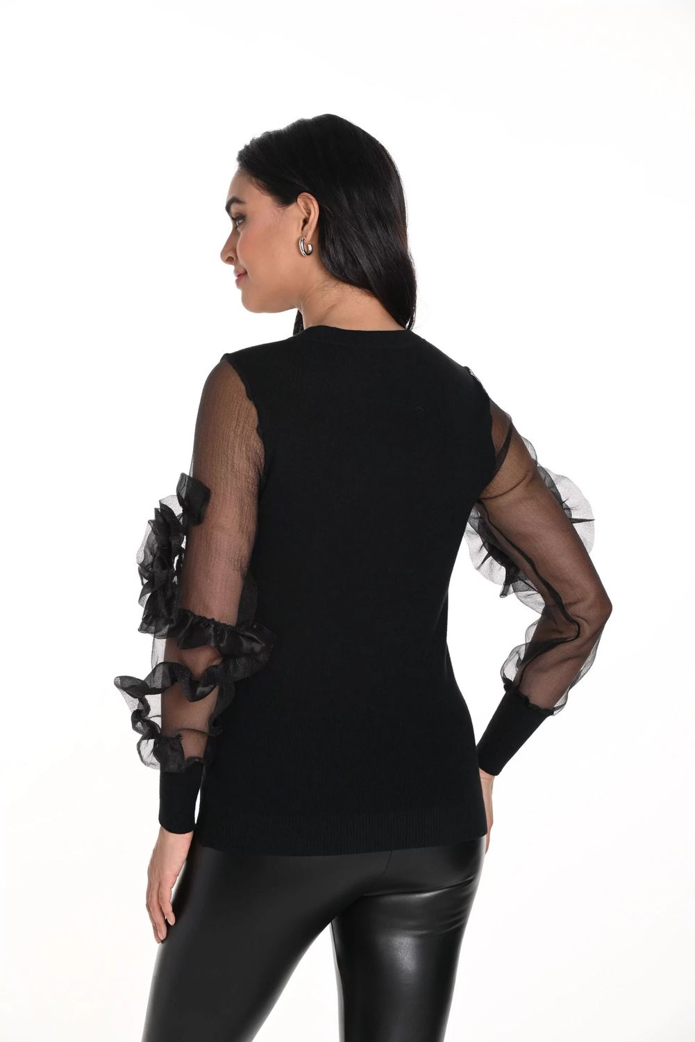 Frank Lyman 243405U Women's Long Sleeve Floral Chiffon Sleeve Top – Black