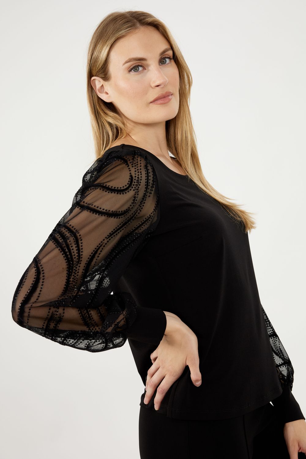 Frank Lyman 244223 Women's Long Sleeve Bead Detail Chiffon Sleeve Top – Black