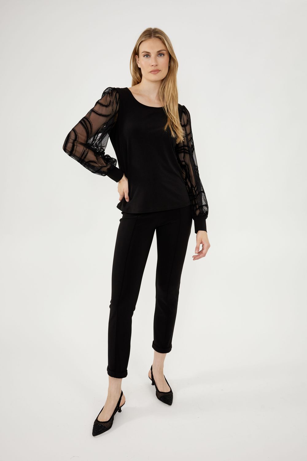 Frank Lyman 244223 Women's Long Sleeve Bead Detail Chiffon Sleeve Top – Black