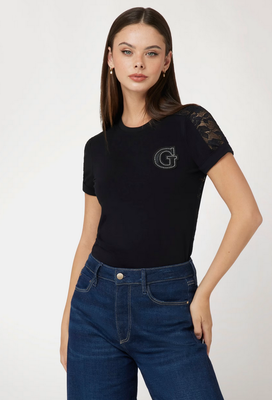 Guess W4BI17J1314 Women's SS CN Lace T-Shirt/ JET BLACK A996