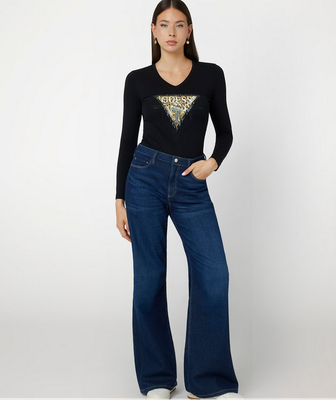 Guess W4BI28J1314 Women's Long Sleeve VN Triangle Tiger T-Shirt – Jet Black A996
