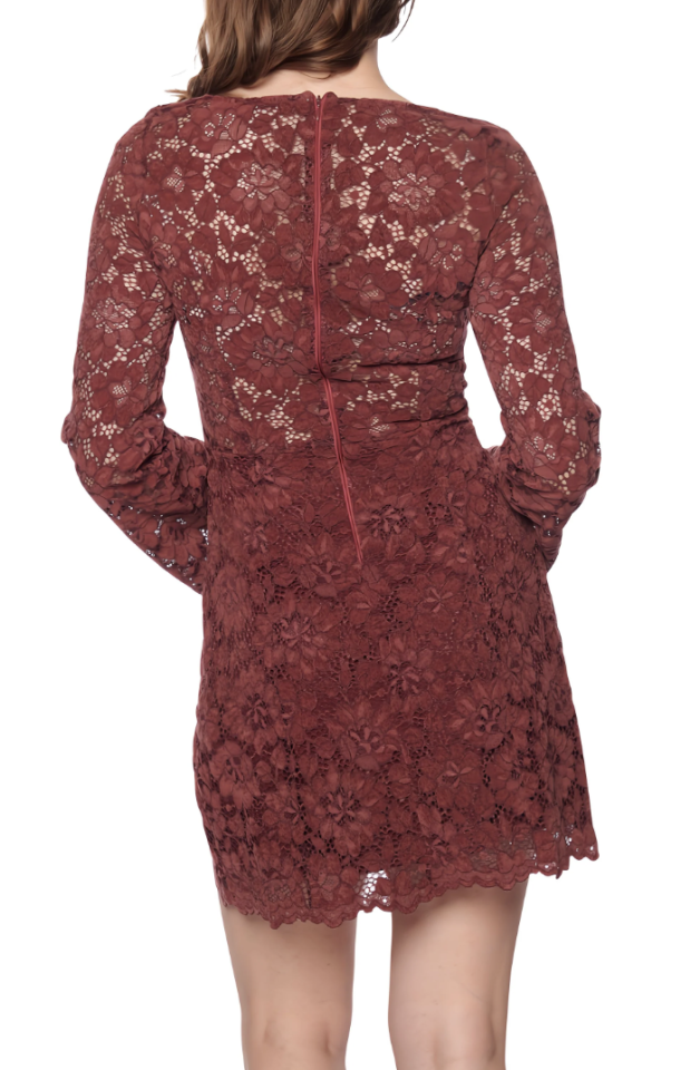 Guess W4BK21KCGN0 Women's Long Sleeve Josephine Lace Dress – Burgundy Rose