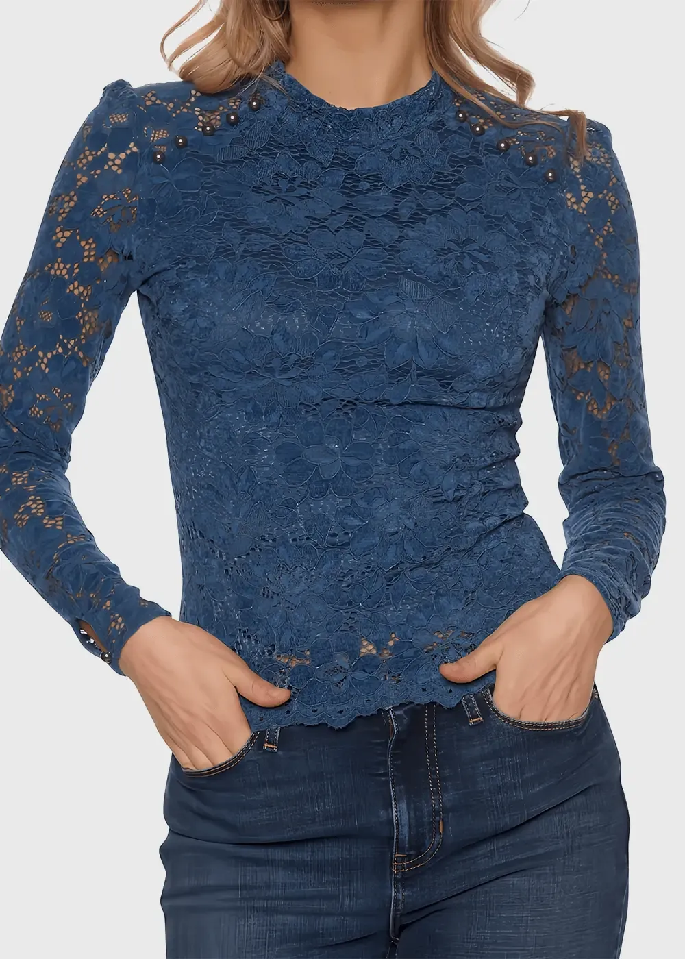 Guess W4BP16KCGN0 Women's Long Sleeve Josephine Lace Top – Nordic Sea Multi