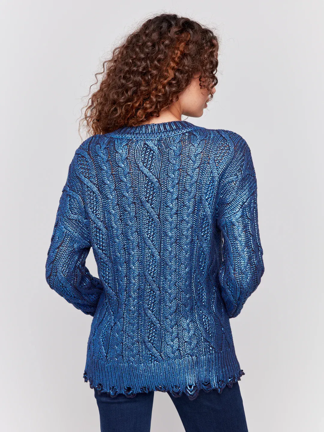 Charlie B C2716P-095C Women's Foiled Cable Knit Crew-Neck Sweater w/ Distressed Hem – Blue