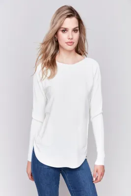 Charlie B C2170W-464A Women's Round Hem Sweater w/ Front Pockets & Back Lacing – Ecru