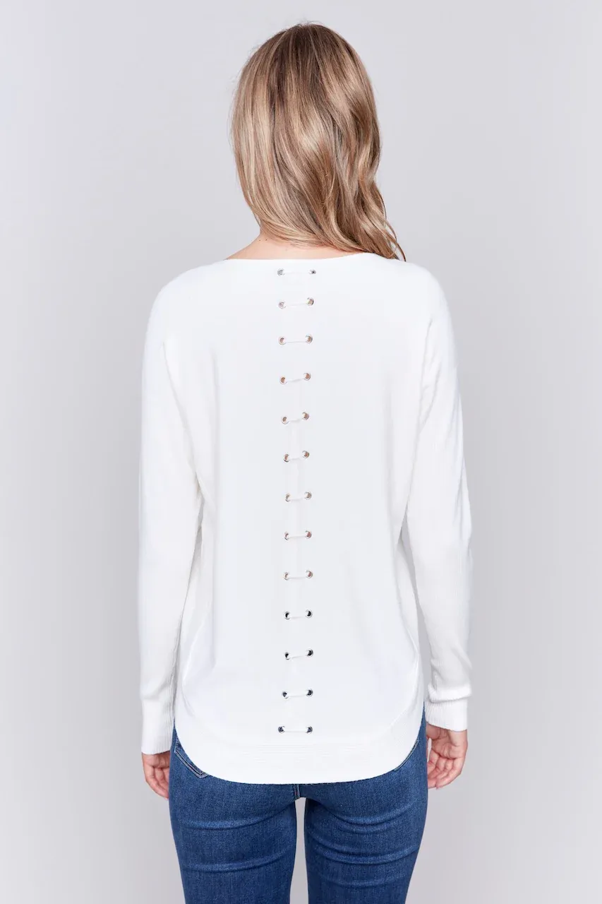 Charlie B C2170W-464A Women's Round Hem Sweater w/ Front Pockets & Back Lacing – Ecru