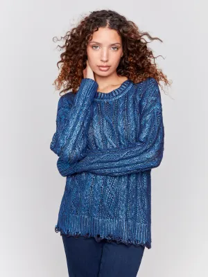 Charlie B C2716P-095C Women's Foiled Cable Knit Crew-Neck Sweater w/ Distressed Hem/ BLUE