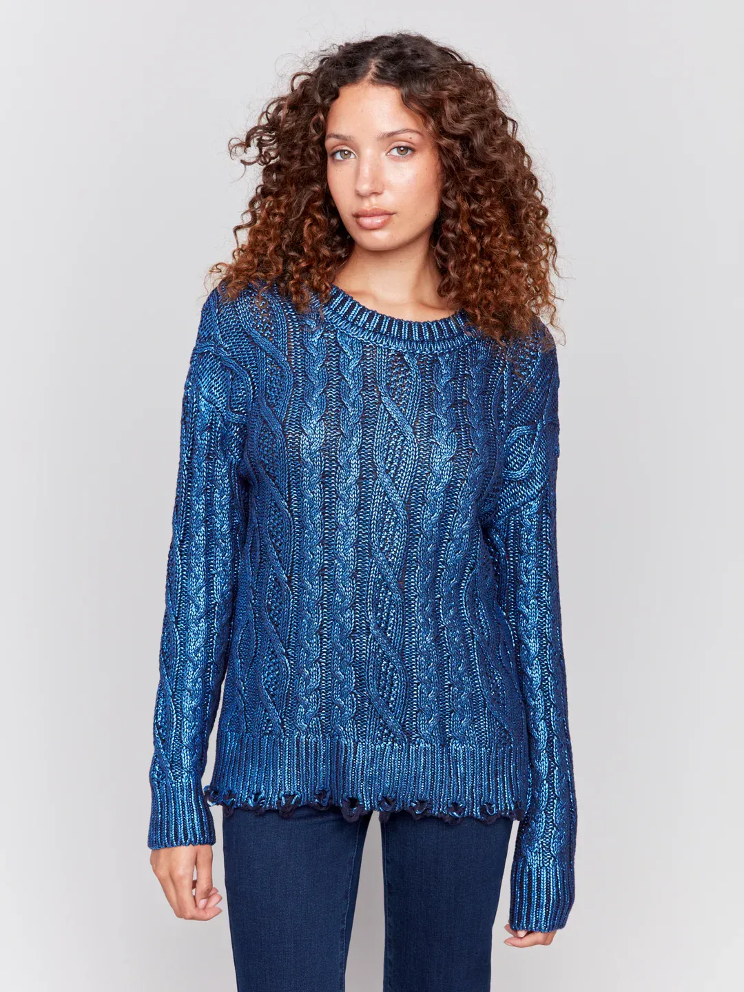 Charlie B C2716P-095C Women's Foiled Cable Knit Crew-Neck Sweater w/ Distressed Hem – Blue