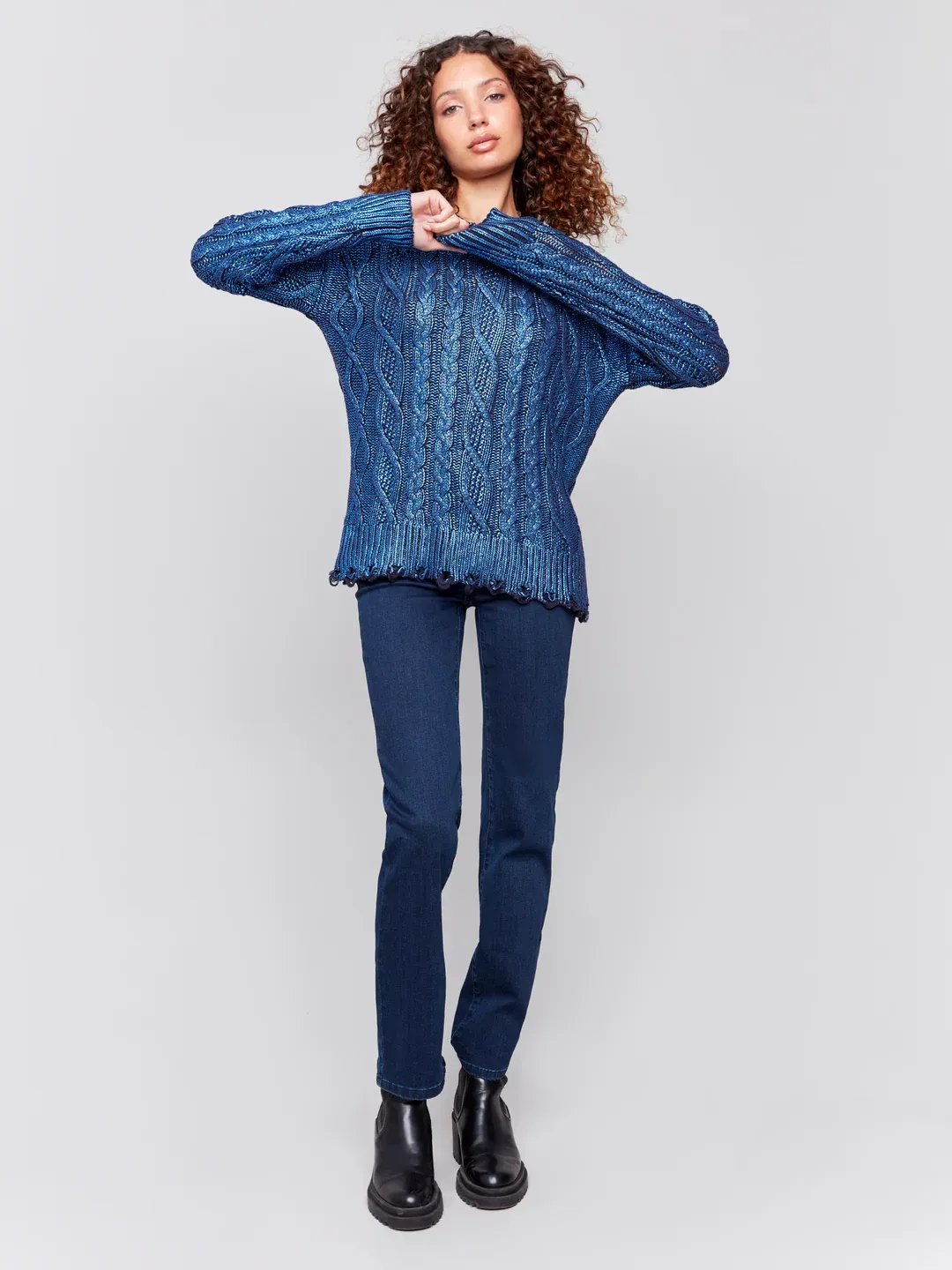 Charlie B C2716P-095C Women's Foiled Cable Knit Crew-Neck Sweater w/ Distressed Hem – Blue