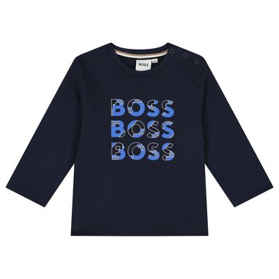 BOSS J51291 Boy's Long Sleeve Multi Logo Printed T-Shirt – Navy
