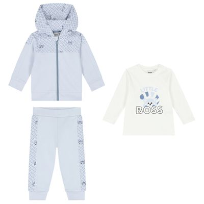 BOSS J51057 Baby Boy's Long Sleeve T-Shirt, Zip Hoodie & Joggers Set 3PC – Lt Blue
