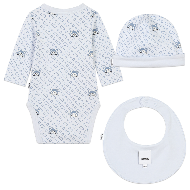 BOSS J51065 Baby Boy's Long Sleeve Allover Print Bodysuit, Bib & Hat Set 3PC – Lt Blue