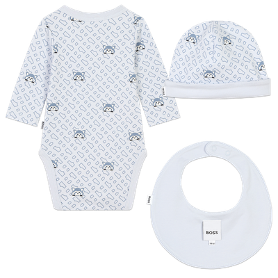 BOSS J51065 Baby Boy's LS Allover Print Bodysuit, Bib & Hat Set 3PC/ LT BLUE