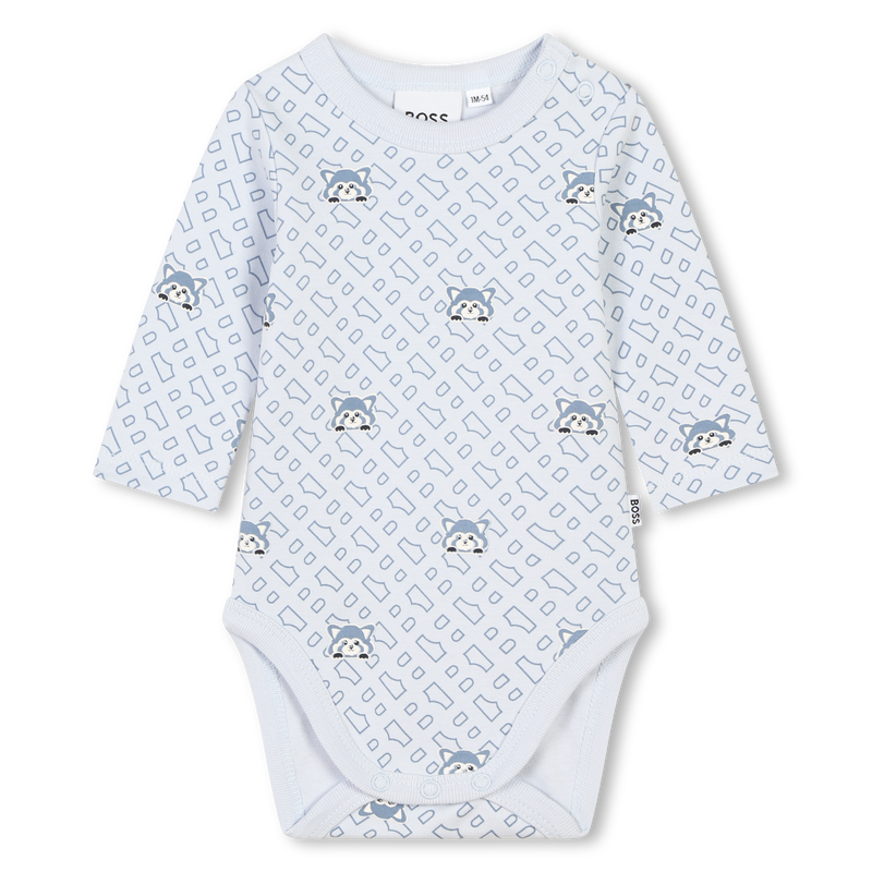 BOSS J51065 Baby Boy's Long Sleeve Allover Print Bodysuit, Bib & Hat Set 3PC – Lt Blue