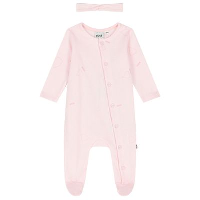 BOSS J51085 Baby Girl's Long Sleeve Footed Onesie & Headband Set 2PC – Pink