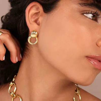 Etrusca WSET00830.YG 18KT Gold-Plated Hammerd Round Link Dangle Earrings